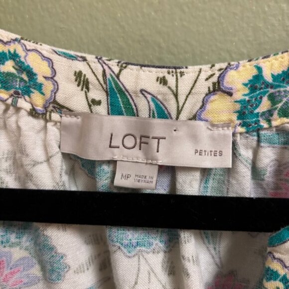 LOFT Womens Midi Dress Size M Linen Floral V-Neck Puff Sleeve Cottagecore Praire - Picture 4 of 10
